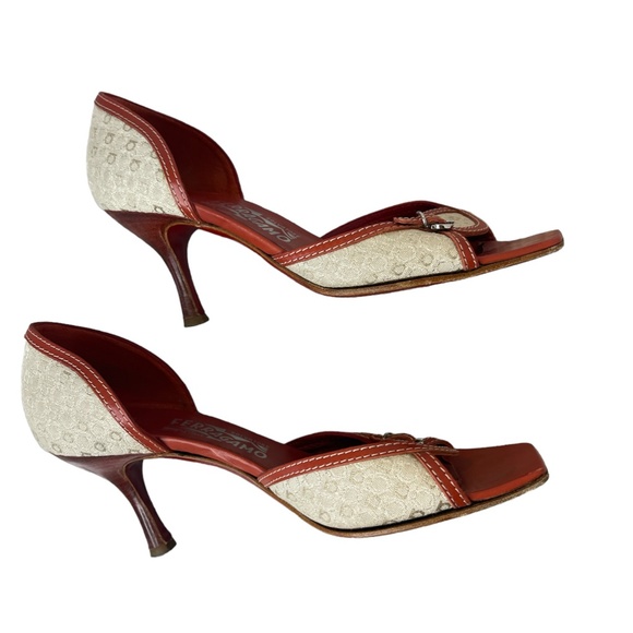 Salvatore Ferragamo Kitten Heel Open Toe Red Leather Fabric Women's Size 7 - Picture 7 of 8